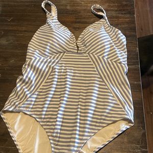 Woman’s swim suit, blue and white stripe